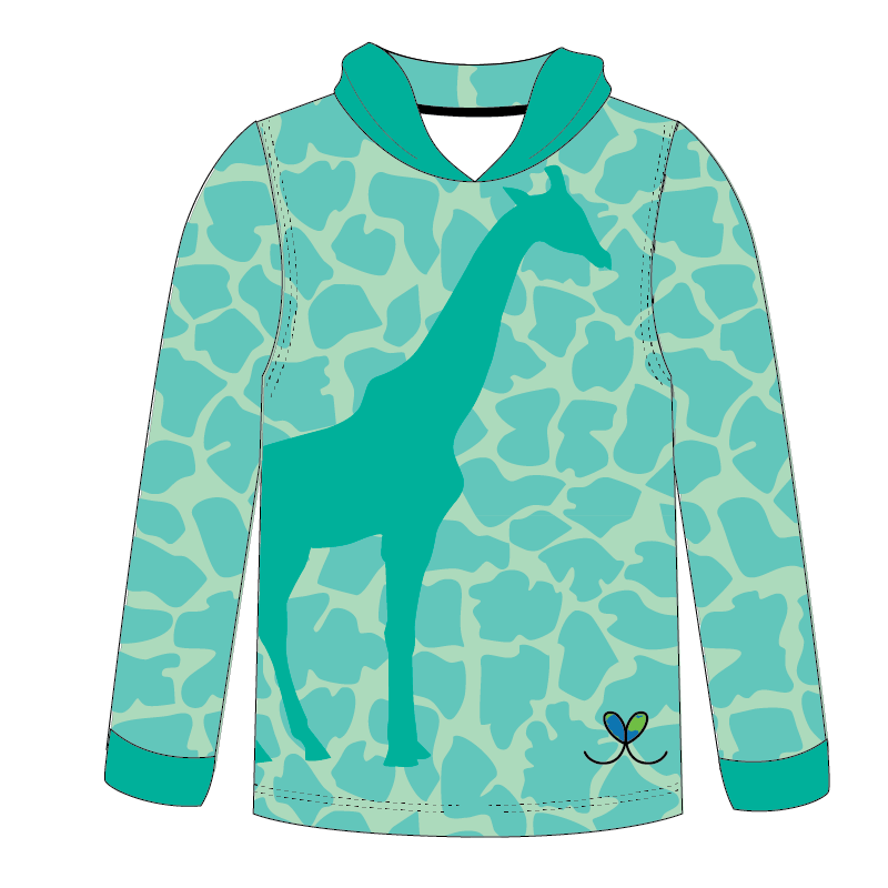 Giraffe Bright Teal Kids long sleeve hooded shirt
