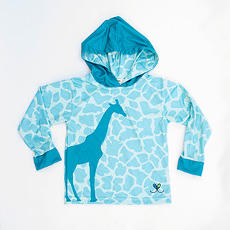 Giraffe Bright Teal Kids long sleeve hooded shirt